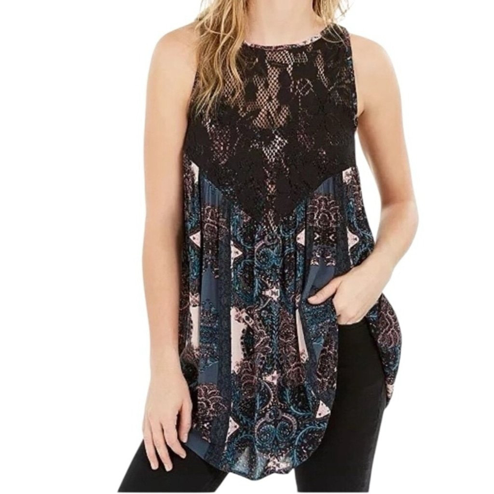 NWT FREE PEOPLE Count Me In Trapez Lace Detail Flowy Tank Top Size XSmall